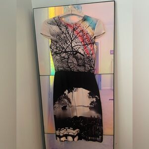 MARY KATRANTZOU Black and Multicolor Scenic Midi Silk Dress Size 4 small